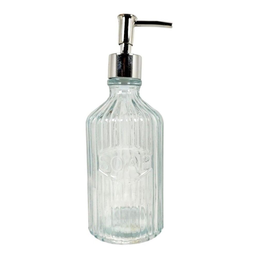 Comfort Bay Decorative Clear Glass & Silver Plastic Lid Pump Soap Dispenser New